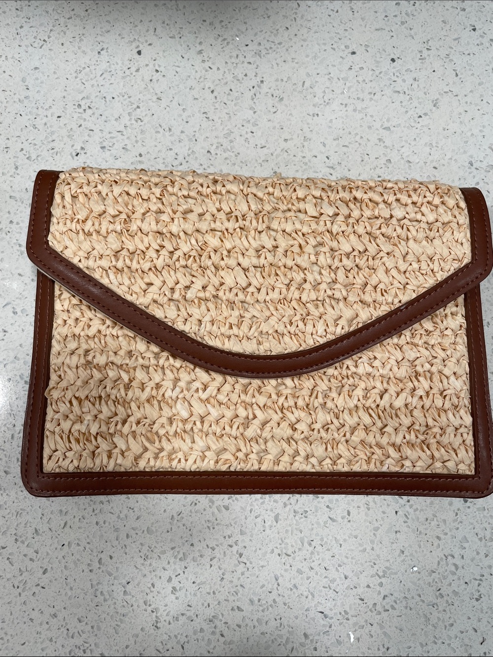 LOFT Woven Straw Envelope Clutch with Brown Trim